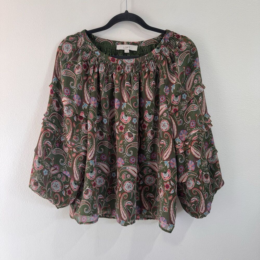 Ann Taylor LOFT Blouse Shirt L Colorful Paisley Peasant Floral Chiffon Babydoll